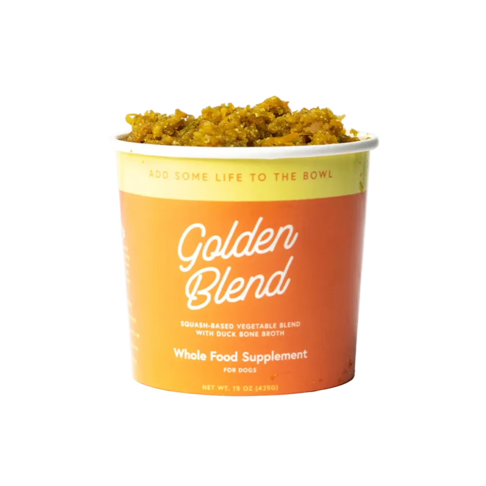 Container of 'Golden Blend' whole food supplement for dogs on a white background