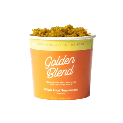 Container of 'Golden Blend' whole food supplement for dogs on a white background