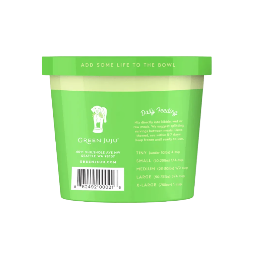 Green container with a label on a white background