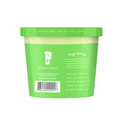 Green container with a label on a white background
