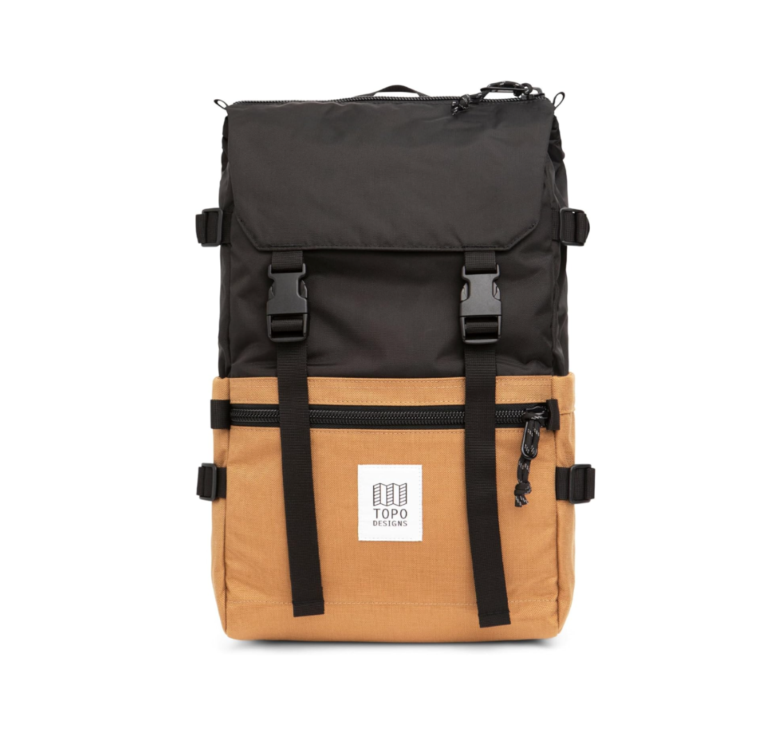 Two-tone black and brown backpack with Topo Designs logo on a white background