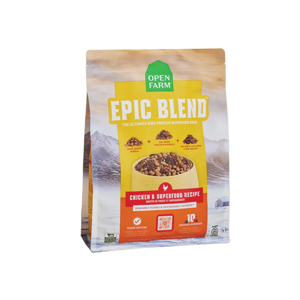 Open Farm Epic Blend dog food package with a scenic background