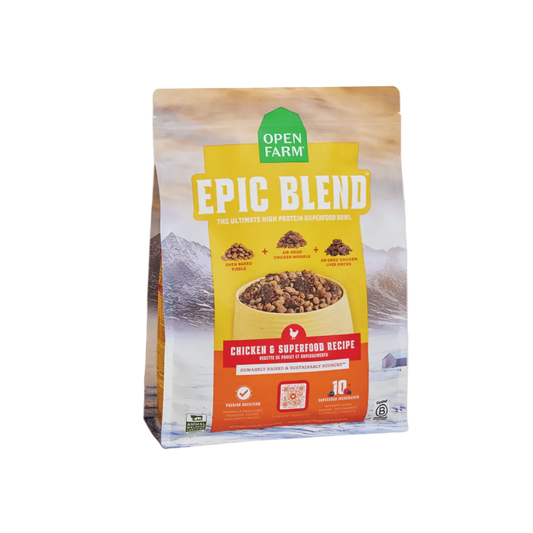 Open Farm Epic Blend dog food package with a scenic background