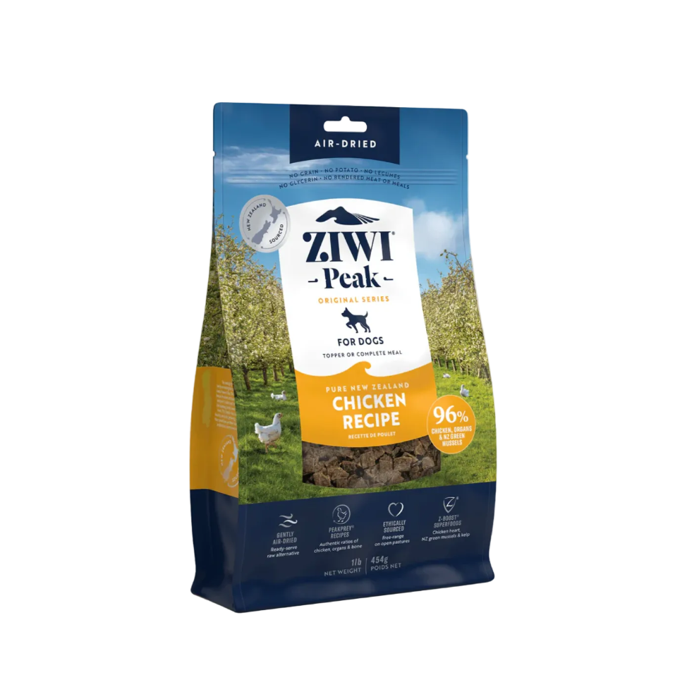 Ziwi Peak dog food package with chicken recipe on a white background