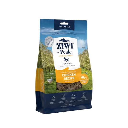 Ziwi Peak dog food package with chicken recipe on a white background