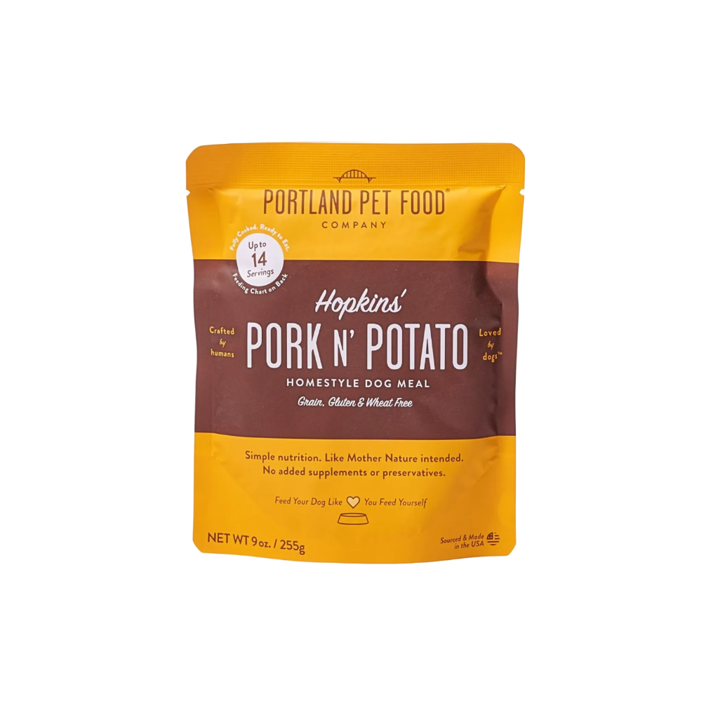 Dog food package from Portland Pet Food Company with 'Hopkins' Pork N' Potato' flavor.