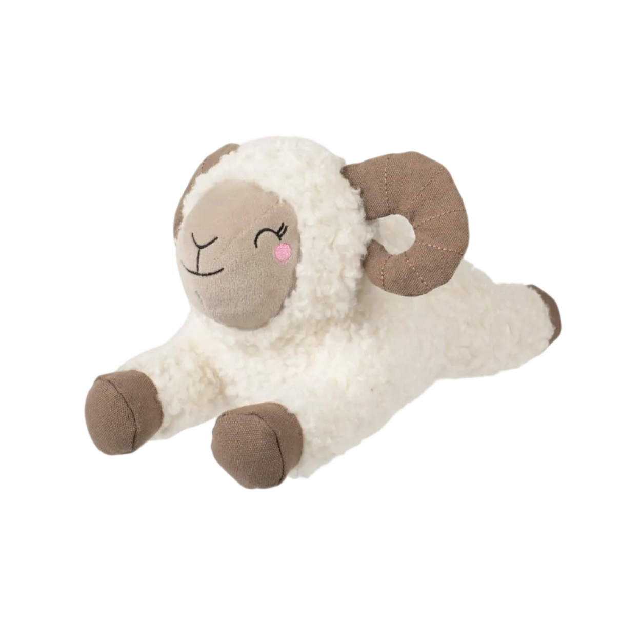 Plush toy sheep with a smiling face on a white background