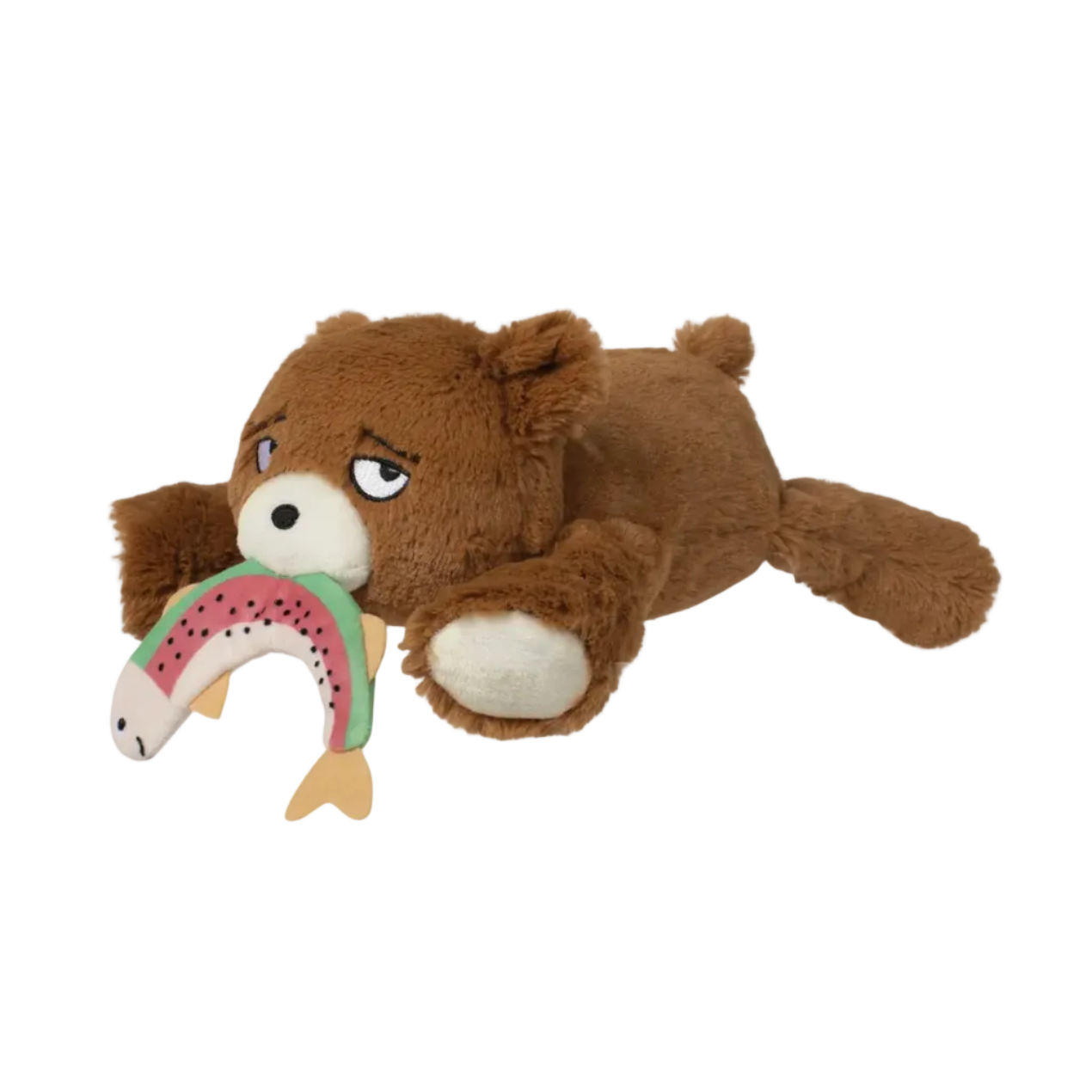 Plush toy resembling a beaver holding a toy fish on a white background