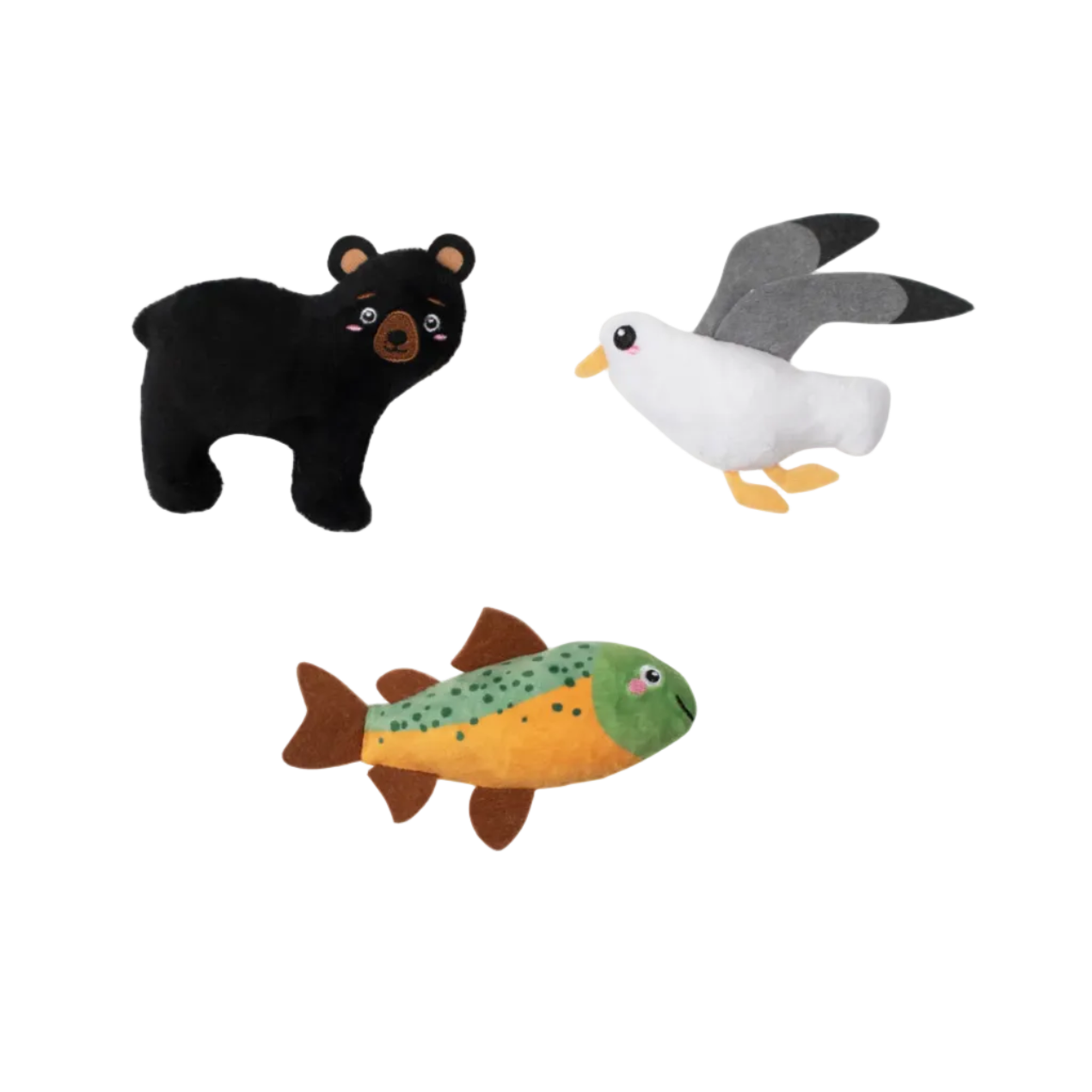 Three plush toys: a black bear, a white bird, and a fish on a white background