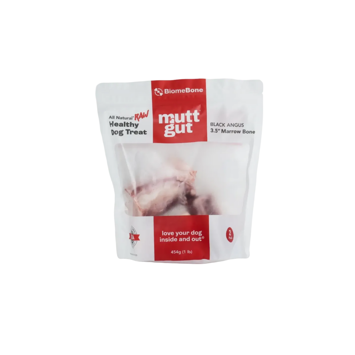 BiomeBone mutt gut dog treat pouch in Black Angus 3.5" marrow bone flavor, 454g, on a clean white background.