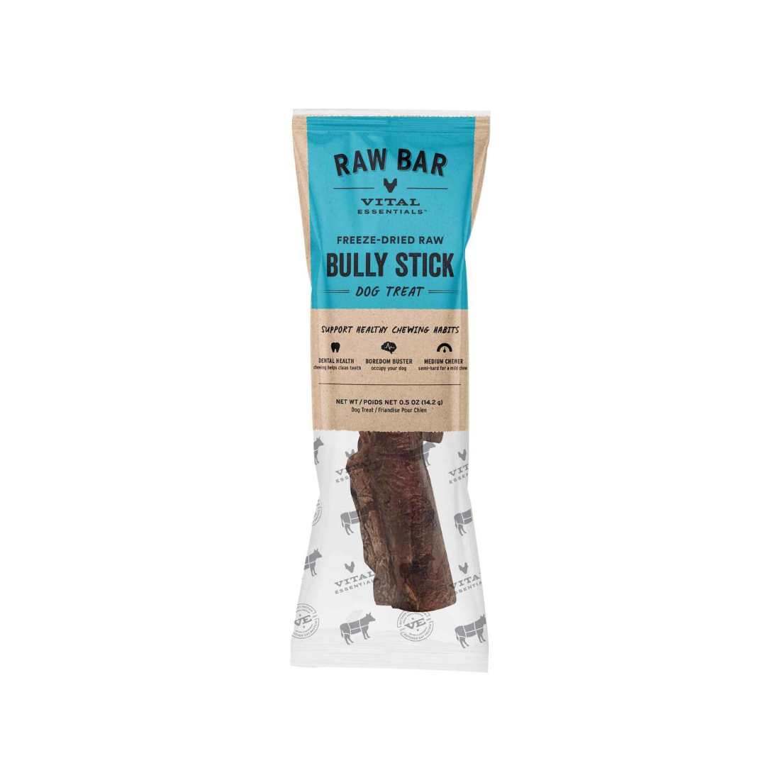 Package of Vital Essentials Raw Bar Bully Stick dog treat on a white background