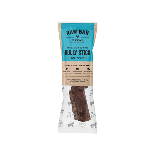 Package of Vital Essentials Raw Bar Bully Stick dog treat on a white background