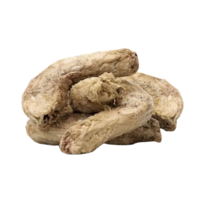 Group of freeze-dried chicken necks on a white background