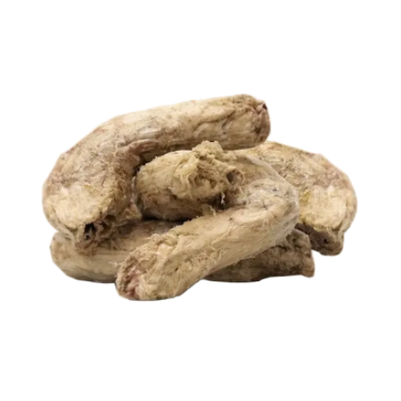 Group of freeze-dried chicken necks on a white background