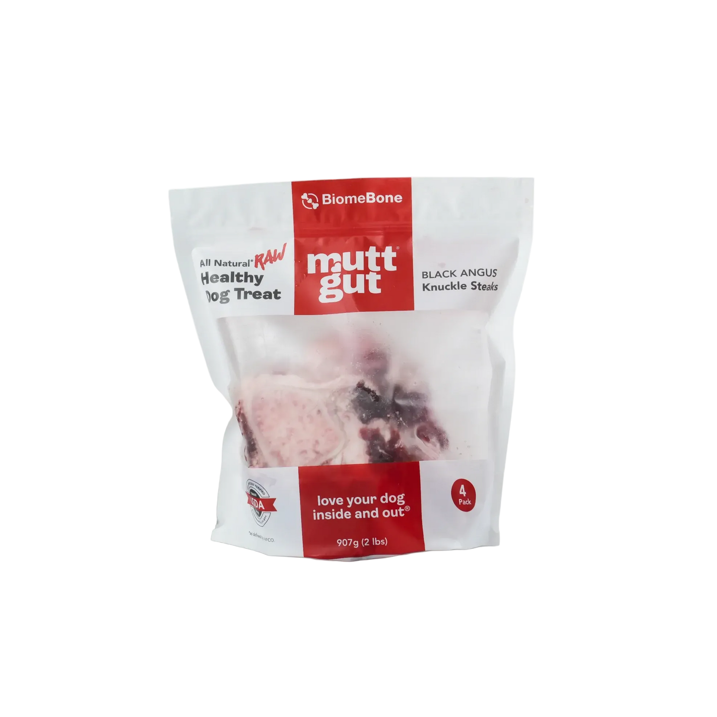 BiomeBone muttgut dog chew treat packaging in a white stand-up pouch with red branding panels, photographed on a clean white background.