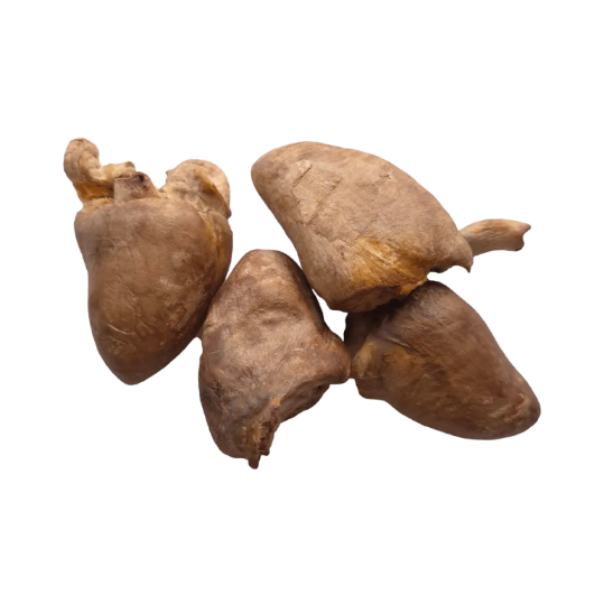 Four freeze-dried turkey hearts arranged on a plain white background.