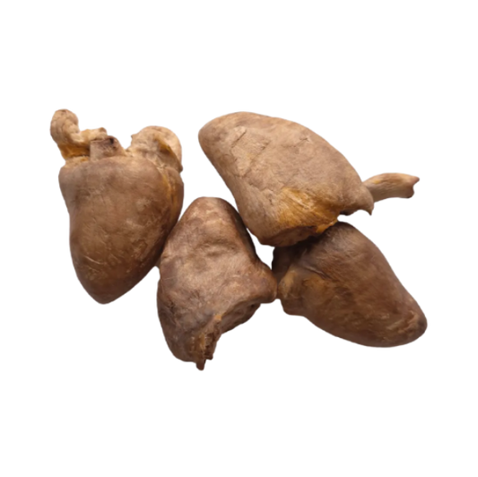 Four freeze-dried turkey hearts arranged on a plain white background.
